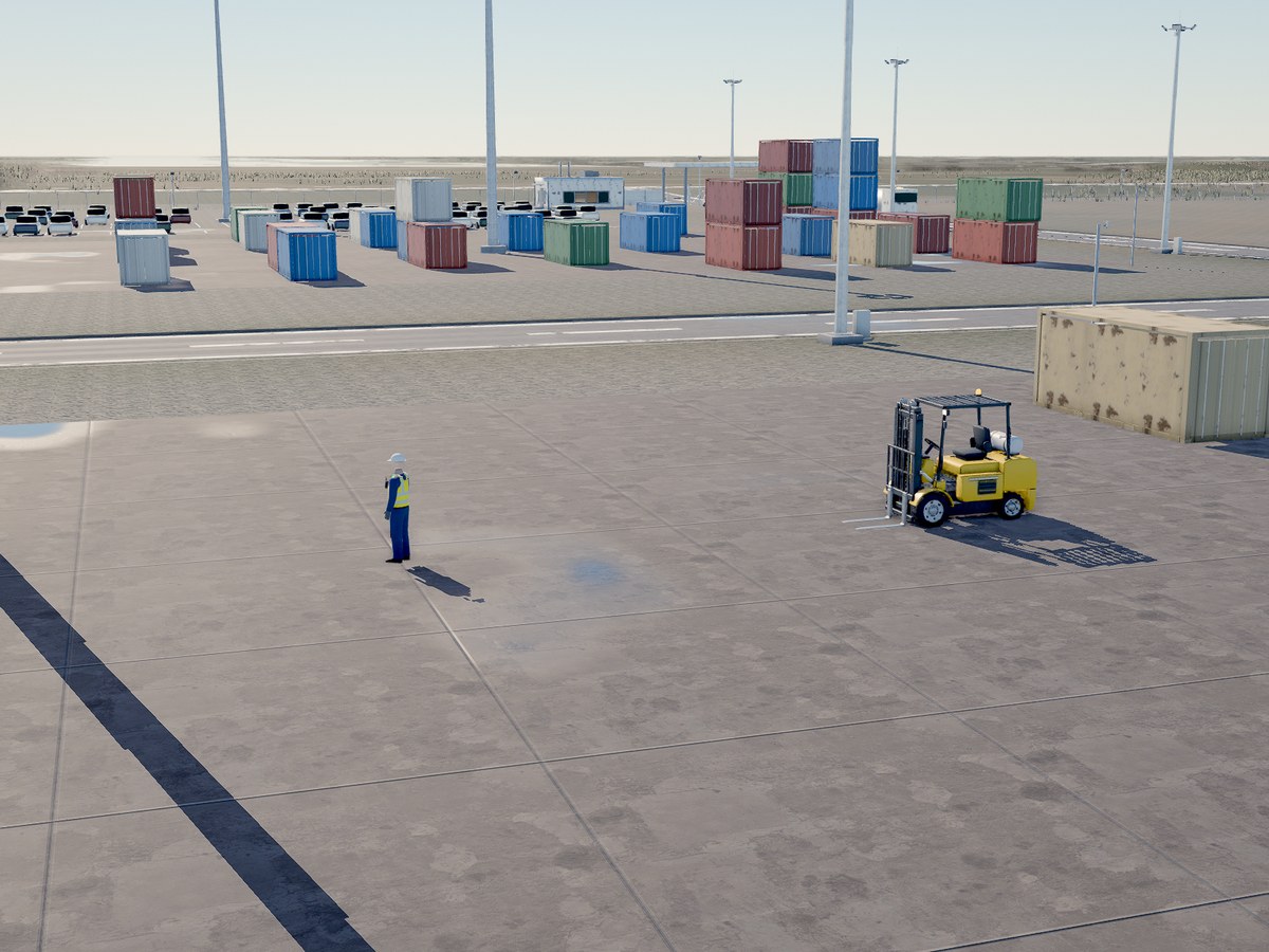 Simulated camera view over a loading apron: a worker in a hard hat and high-visibility vest, and a forklift.