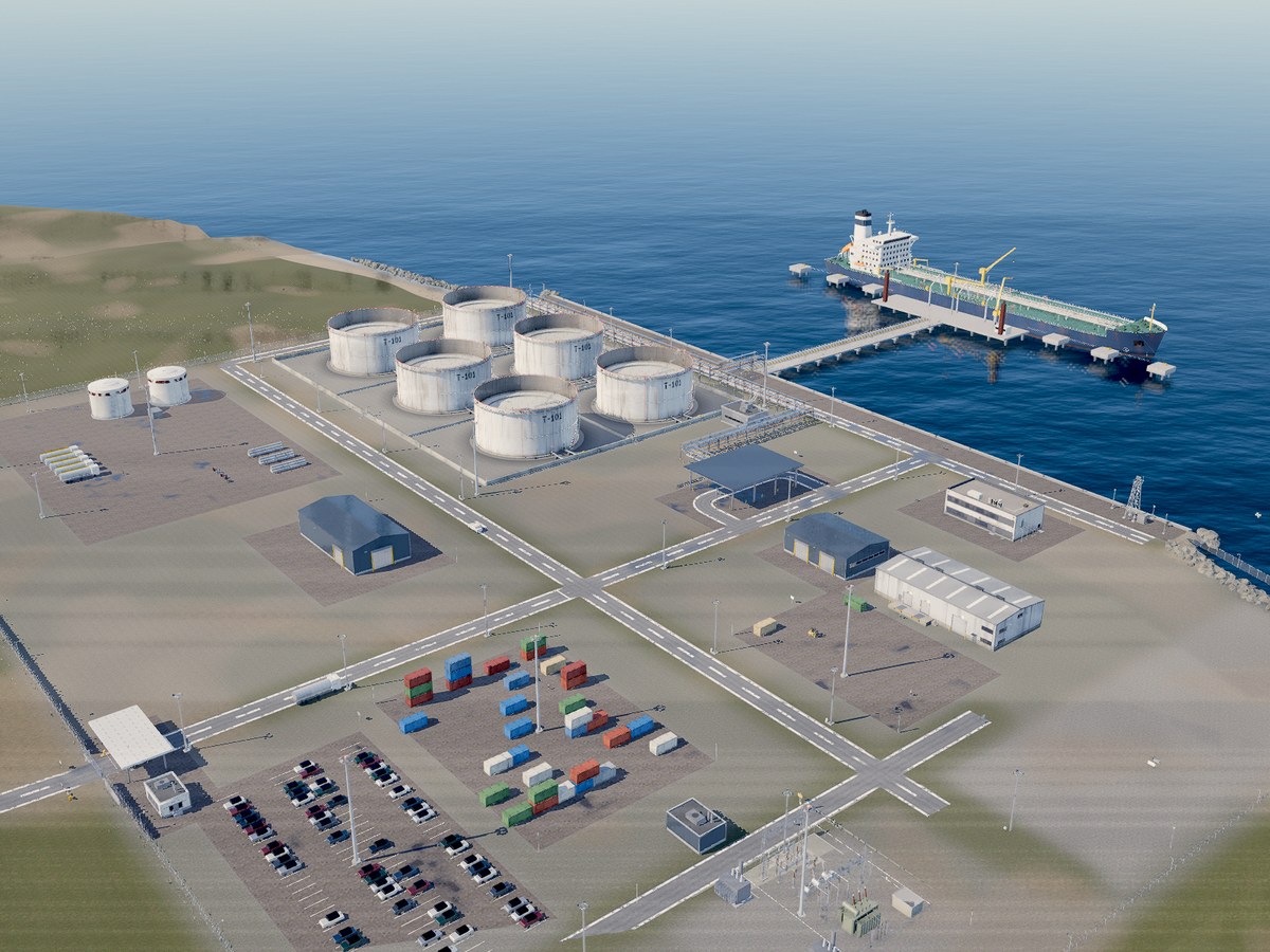 Simulated 3D model of a fuel terminal from above in clear daylight: the tank farm, the jetty and tanker, the buildings and yards.
