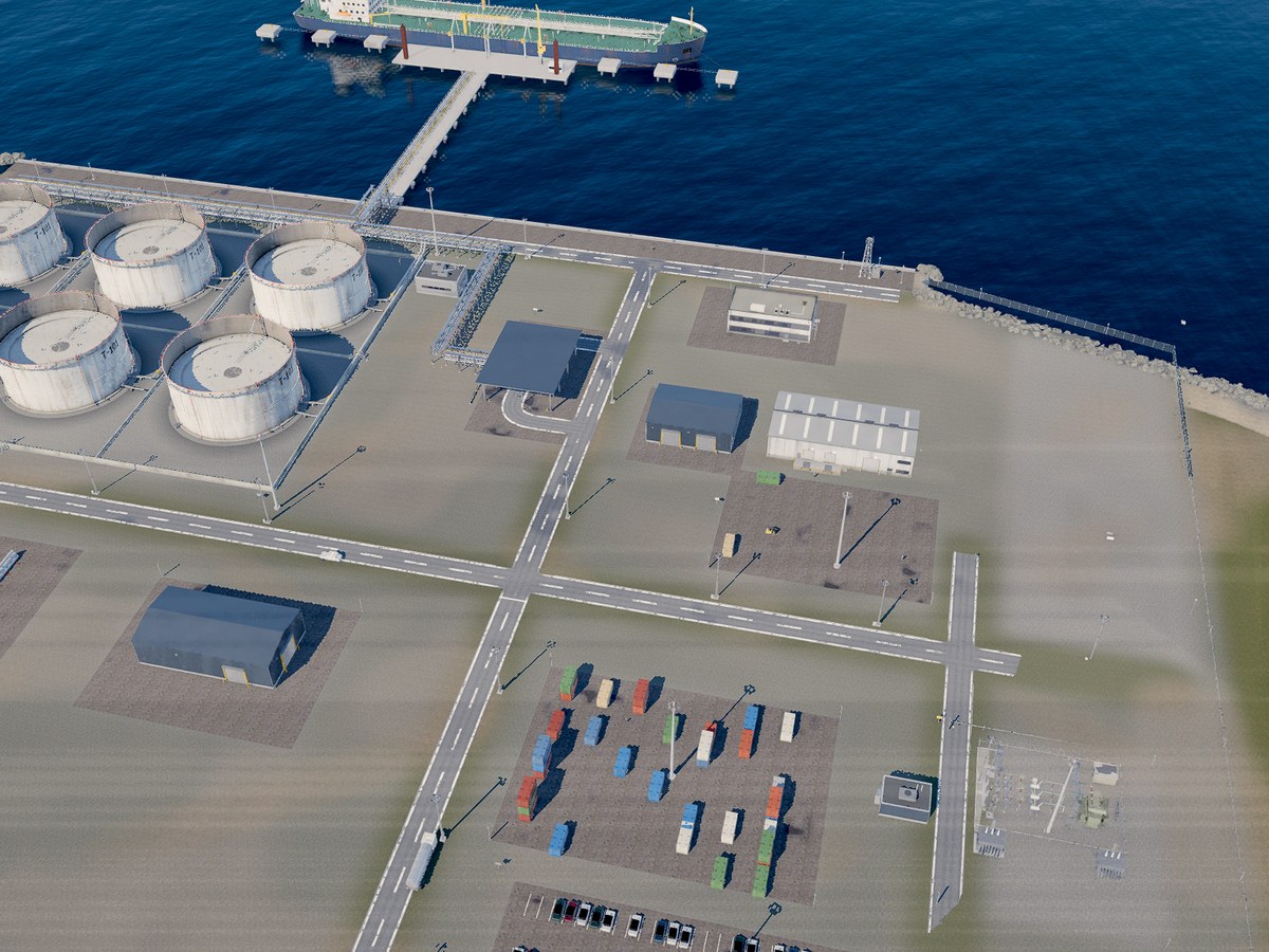 Simulated 3D model of a terminal's yards from above: the tank farm, the loading apron, the control building, the container yard and the substation.